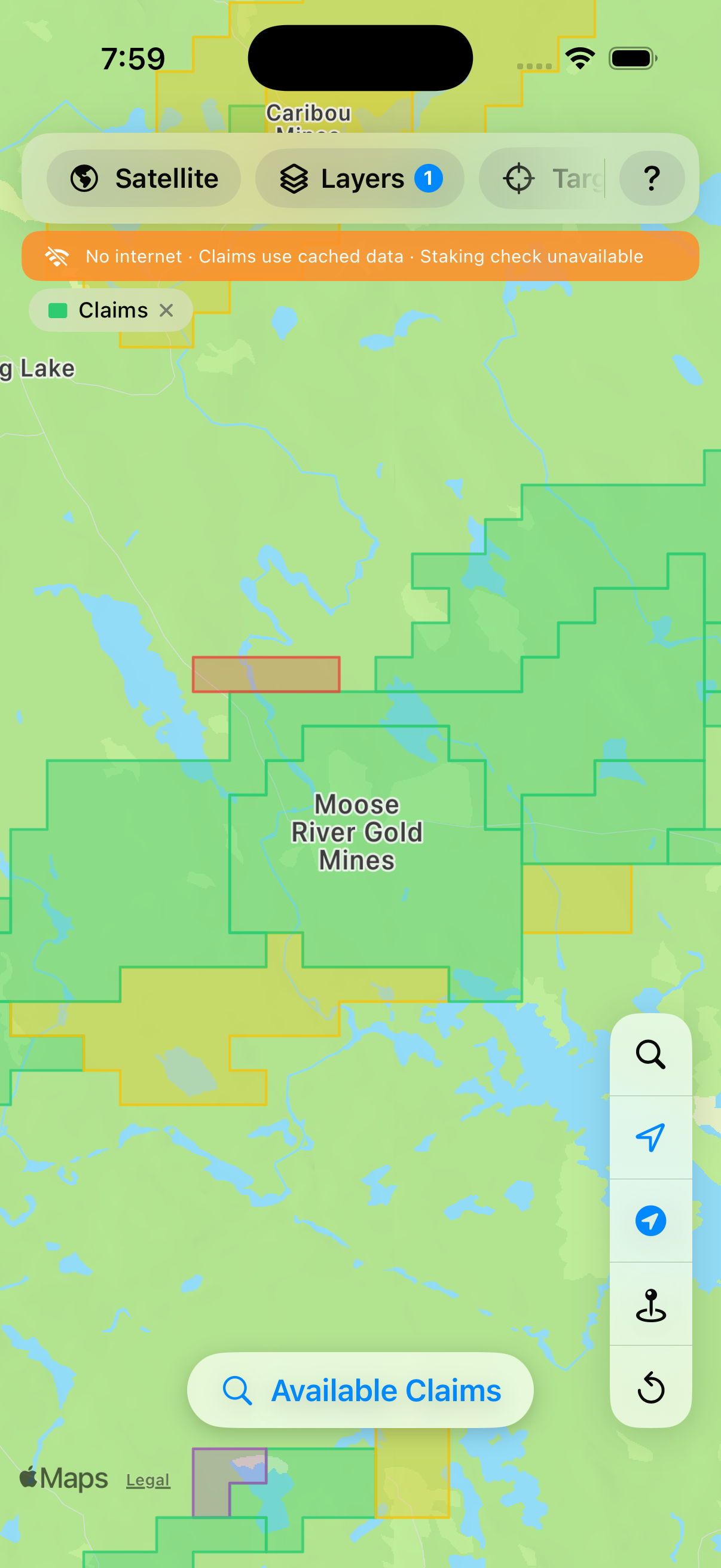 Nova Prospector offline mode showing mineral claims